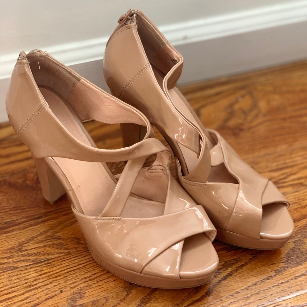 Faux Patent Leather Cross Strap Platform Heels